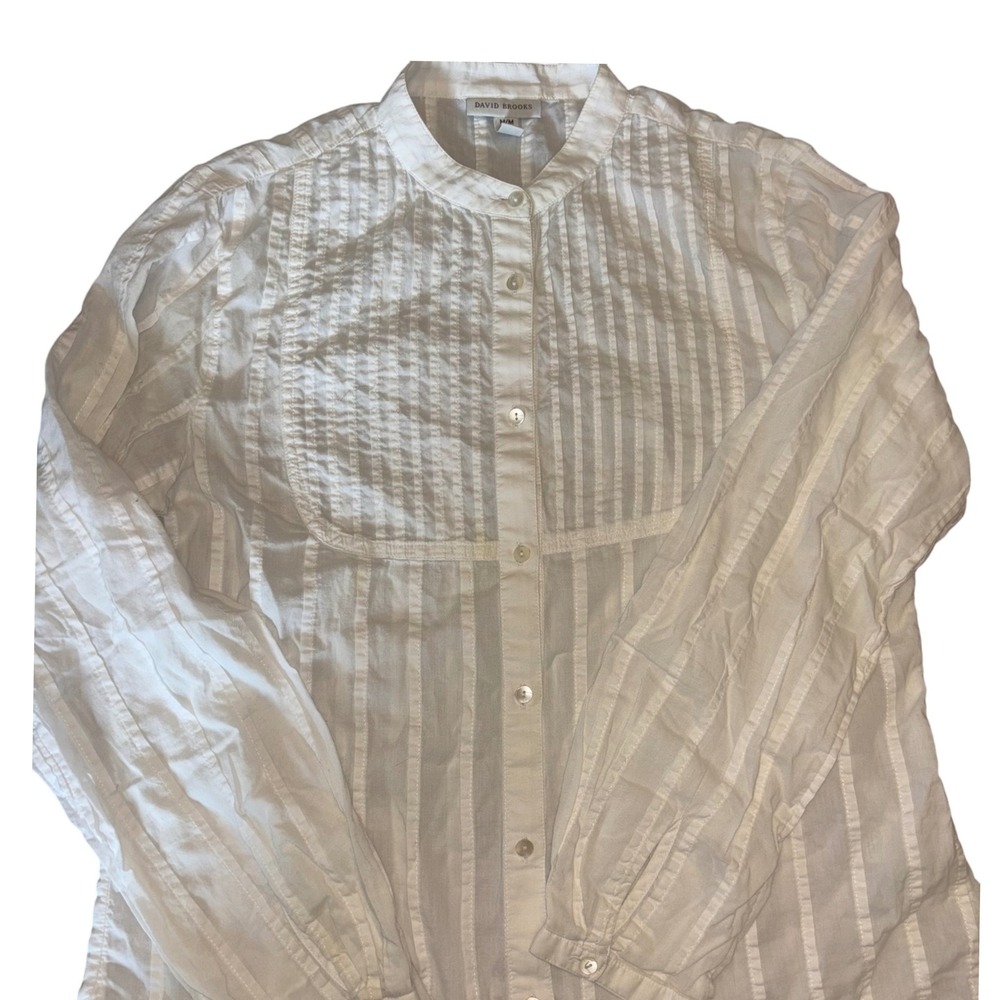 DAVID BROOKS | Womens M | White Pleated Stripe Mandarin Collar Button‎ Up Shirt